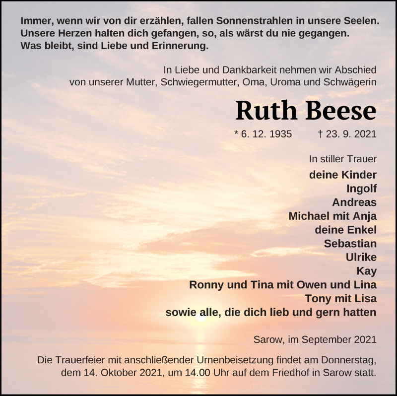  Traueranzeige für Ruth Beese vom 28.09.2021 aus Vorpommern Kurier