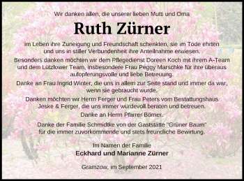 Traueranzeige von Ruth Zürner von Prenzlauer Zeitung