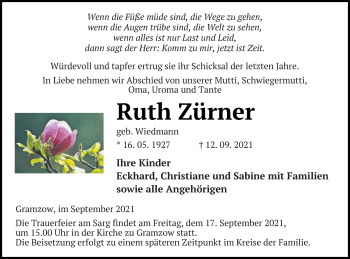 Traueranzeige von Ruth Zürner von Prenzlauer Zeitung