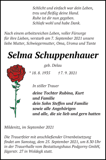 Traueranzeige von Selma Schuppenhauer von Strelitzer Zeitung