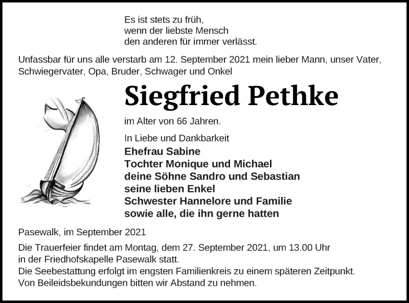  Traueranzeige für Siegfried Pethke vom 15.09.2021 aus Pasewalker Zeitung