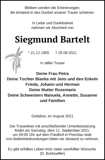 Traueranzeige von Siegmund Bartelt von Prenzlauer Zeitung