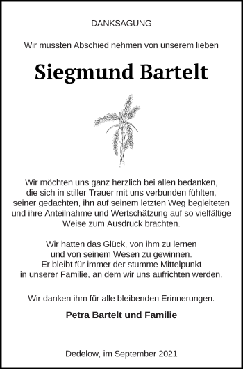 Traueranzeige von Siegmund Bartelt von Prenzlauer Zeitung