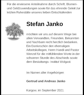 Traueranzeige von Stefan Janko von Müritz-Zeitung