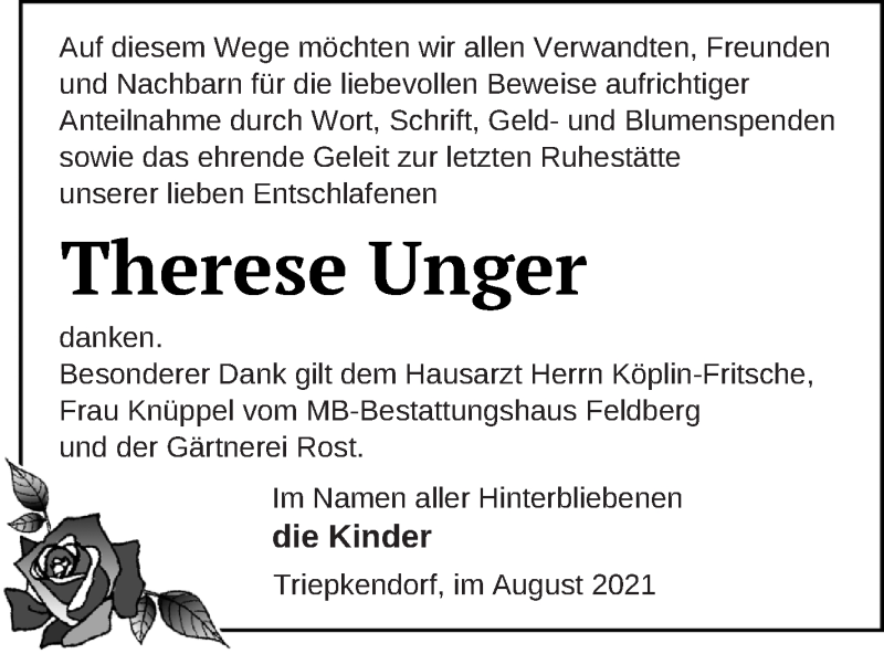  Traueranzeige für Therese Unger vom 03.09.2021 aus Strelitzer Zeitung