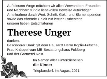 Traueranzeige von Therese Unger von Strelitzer Zeitung