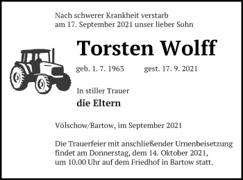 Traueranzeige von Torsten Wolff von Vorpommern Kurier