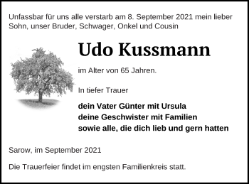 Traueranzeige von Udo Kussmann von Demminer Zeitung