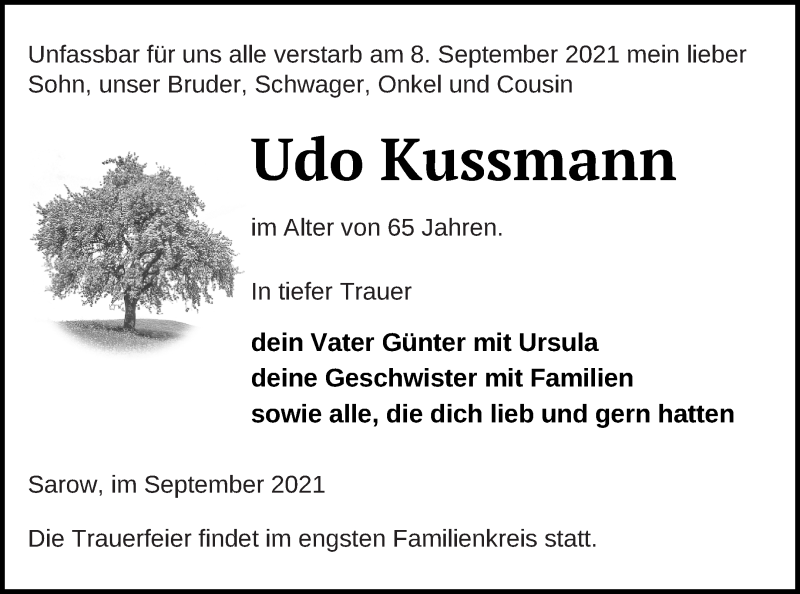 Traueranzeige für Udo Kussmann vom 14.09.2021 aus Demminer Zeitung