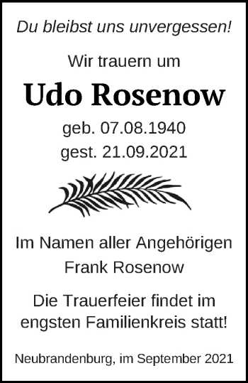 Traueranzeige von Udo Rosenow von Neubrandenburger Zeitung