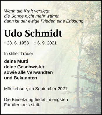 Traueranzeige von Udo Schmidt von Haff-Zeitung