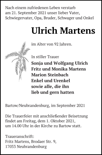 Traueranzeige von Ulrich Martens von Vorpommern Kurier