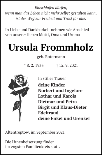 Traueranzeige von Ursula Frommholz von Neubrandenburger Zeitung