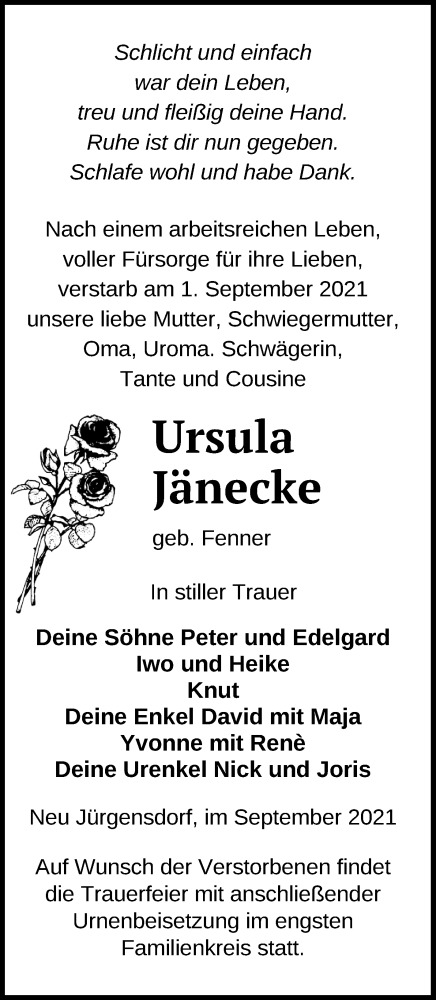  Traueranzeige für Ursula Jänecke vom 10.09.2021 aus Mecklenburger Schweiz