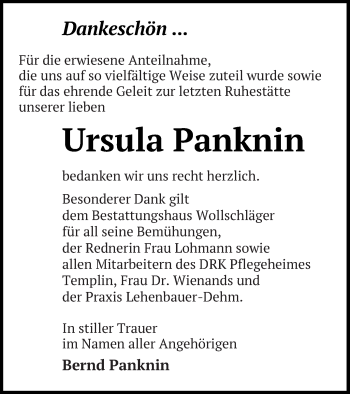 Traueranzeige von Ursula Panknin von Prenzlauer Zeitung