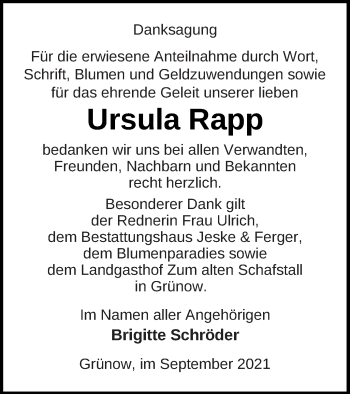 Traueranzeige von Ursula Rapp von Prenzlauer Zeitung