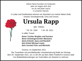 Traueranzeige von Ursula Rapp von Prenzlauer Zeitung