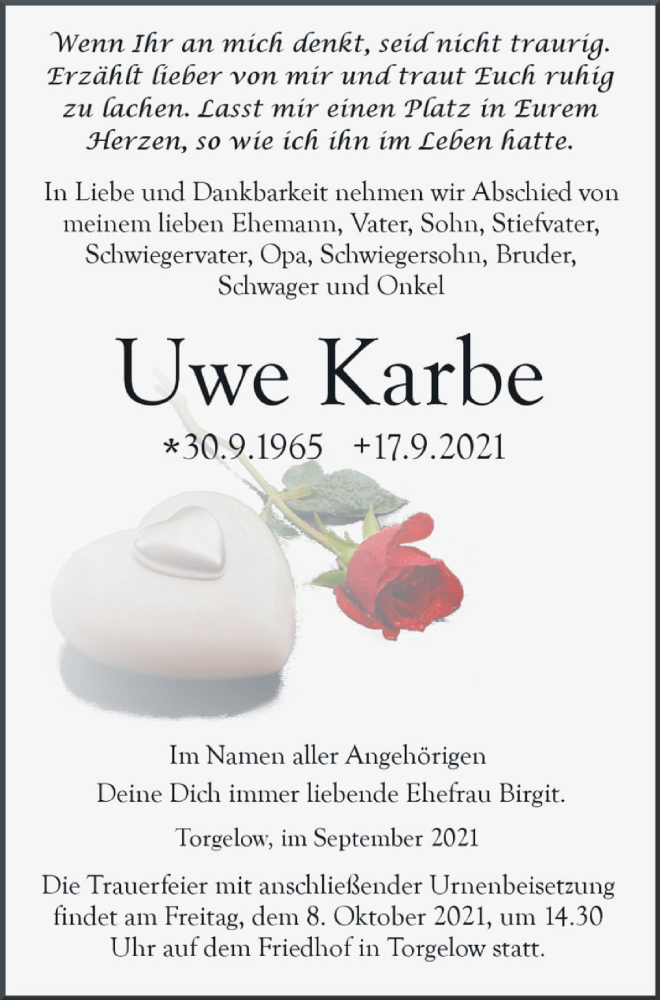  Traueranzeige für Uwe Karbe vom 24.09.2021 aus Haff-Zeitung