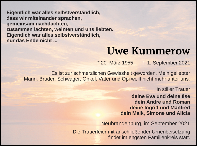  Traueranzeige für Uwe Kummerow vom 10.09.2021 aus Neubrandenburger Zeitung
