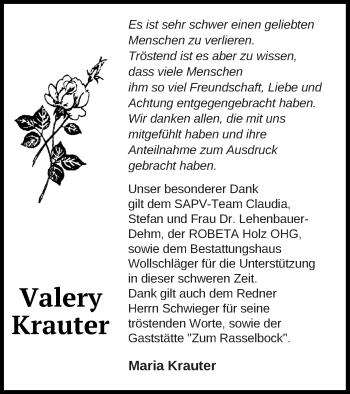 Traueranzeige von Valery Krauter von Templiner Zeitung