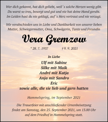 Traueranzeige von Vera Gremzow von Templiner Zeitung