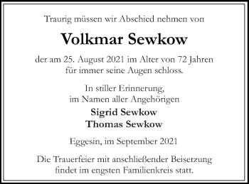 Traueranzeige von Volkmar Sewkow von Haff-Zeitung