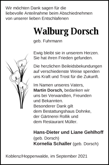 Traueranzeige von Walburg Dorsch von Haff-Zeitung