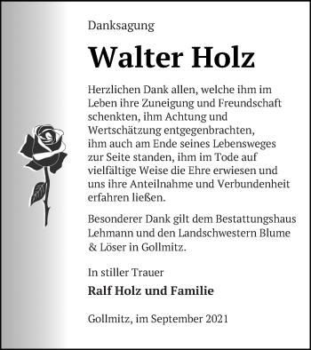 Traueranzeige von Walter Holz von Prenzlauer Zeitung