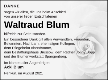 Traueranzeige von Waltraud Blum von Pasewalker Zeitung