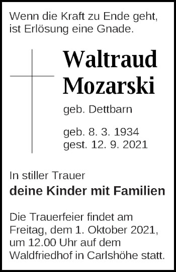 Traueranzeige von Waltraud Mozarski von Neubrandenburger Zeitung