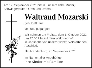 Traueranzeige von Waltraud Mozarski von Strelitzer Zeitung