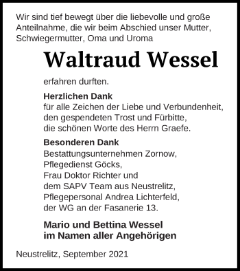 Traueranzeige von Waltraud Wessel von Strelitzer Zeitung