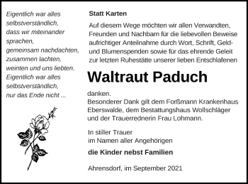 Traueranzeige von Waltraut Paduch von Templiner Zeitung