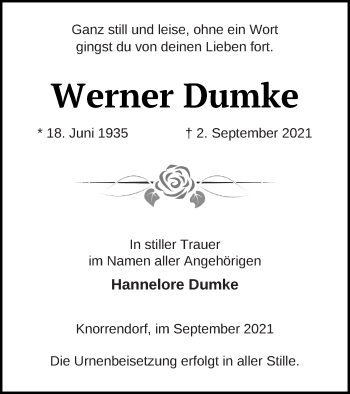 Traueranzeige von Werner Dumke von Neubrandenburger Zeitung