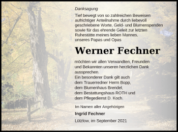 Traueranzeige von Werner Fechner von Prenzlauer Zeitung