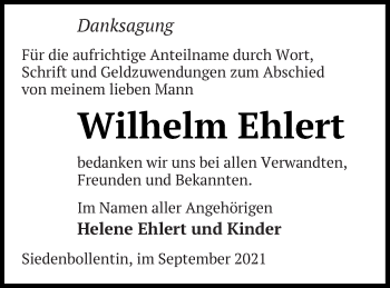 Traueranzeige von Wilhelm Ehlert von Neubrandenburger Zeitung