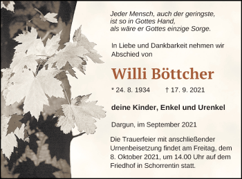 Traueranzeige von Willi Böttcher von Mecklenburger Schweiz