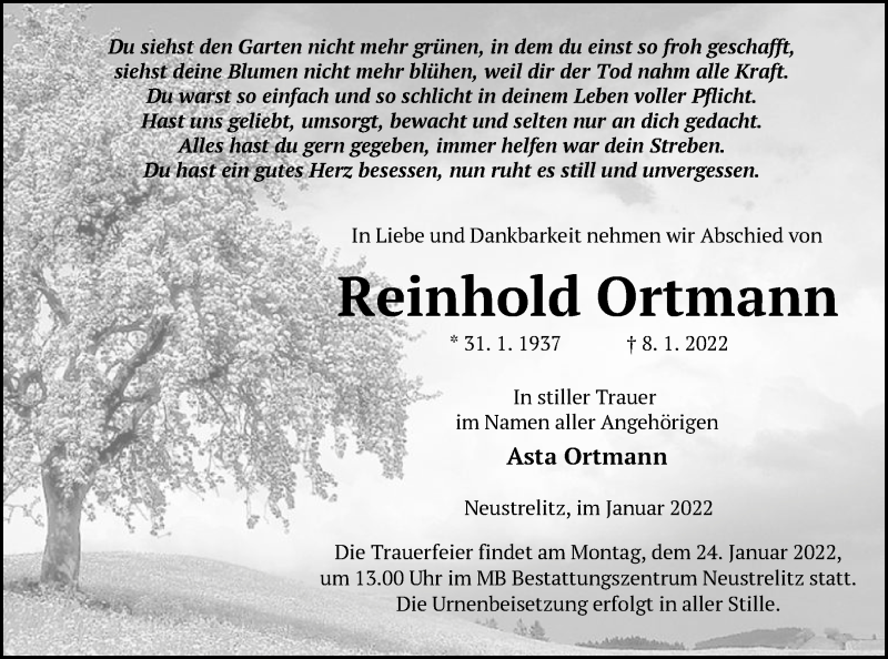  Traueranzeige für Reinhold Ortmann vom 14.01.2022 aus STRELITZER ZEITUNG
