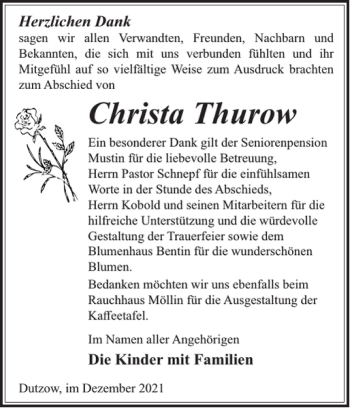 Traueranzeige von Christa Thurow von Gadebusch-Rehnaer Zeitung