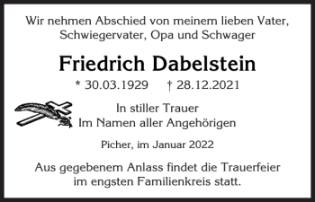 Traueranzeige von Friedrich Dabelstein von Ludwigsluster Tageblatt