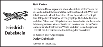 Traueranzeige von Friedrich Dabelstein von Ludwigsluster Tageblatt