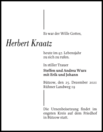 Traueranzeige von Herbert Kraatz von Bützower Zeitung