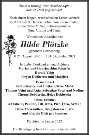 Traueranzeige von Hilde Plötzke von Parchimer Zeitung