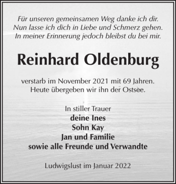 Traueranzeige von Reinhard Oldenburg von Ludwigsluster Tageblatt