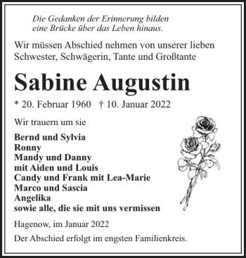 Traueranzeige von Sabine Augustin von Hagenower Kreisblatt