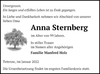 Traueranzeige von Anna Sternberg von Mecklenburger Schweiz