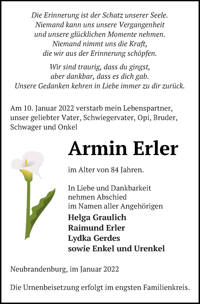  Traueranzeige für Armin Erler vom 13.01.2022 aus Neubrandenburger Zeitung