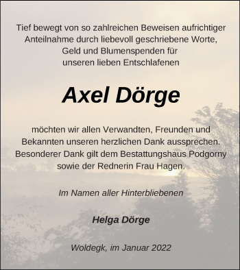 Traueranzeige von Axel Dörge von Neubrandenburger Zeitung