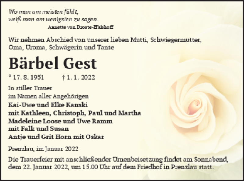  Traueranzeige für Bärbel Gest vom 08.01.2022 aus Prenzlauer Zeitung