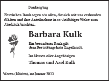 Traueranzeige von Barbara Kulk von Müritz-Zeitung